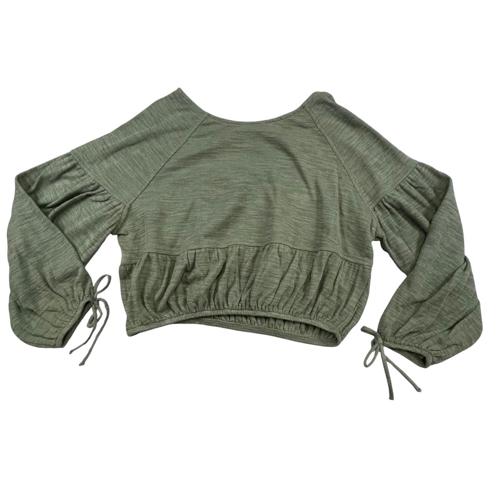 NWT‎ Aerie Womens Small Olive Green Cropped Peplum Long Sleeve Tie Cuff Top